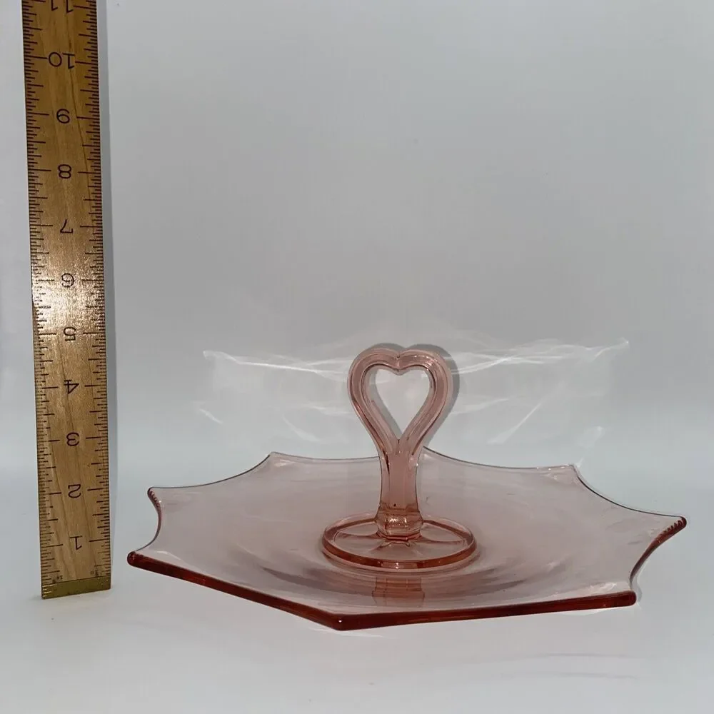 vtg Pink Glass Tidbit Tray Heart Handle Art Deco Serving Dish Plate love